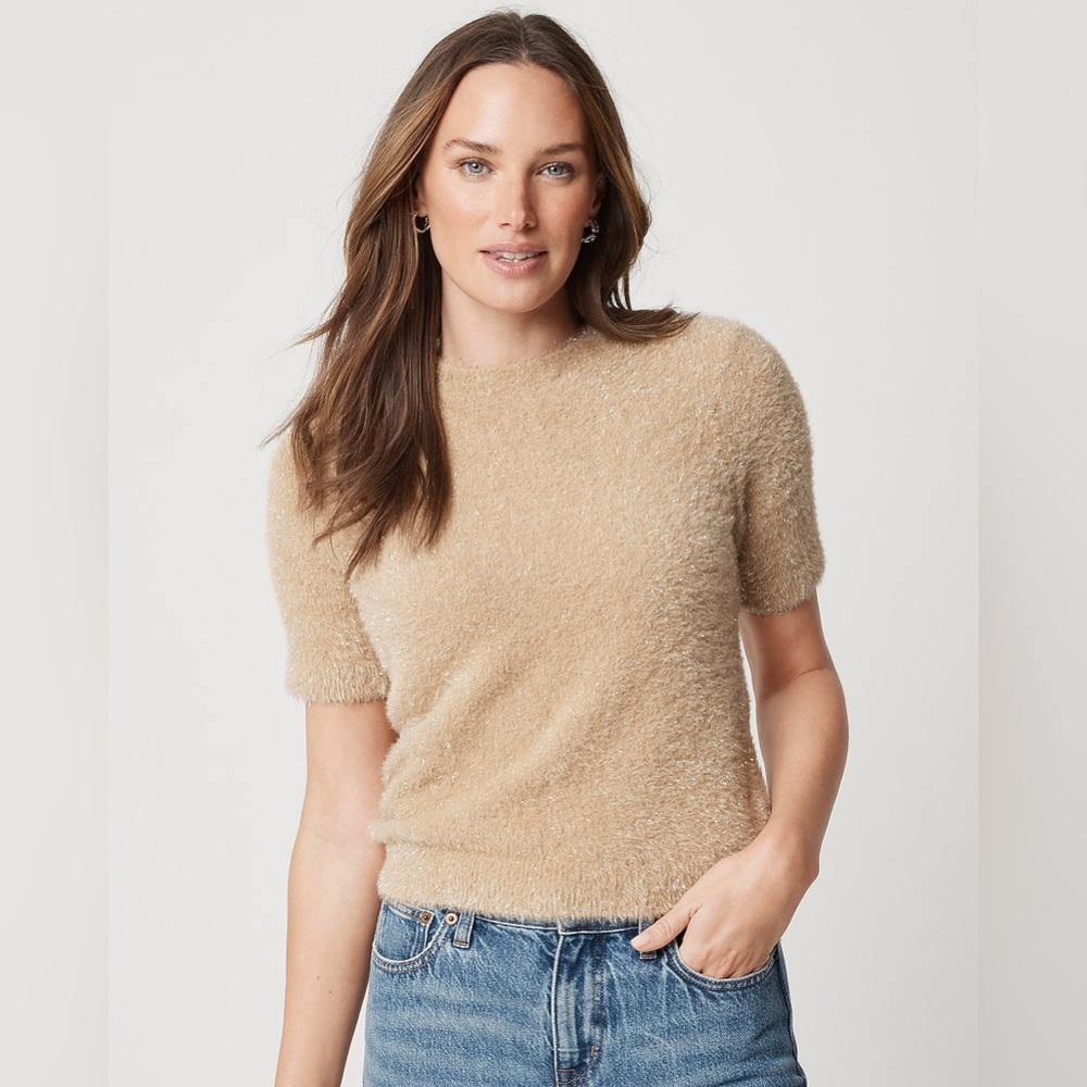 NEW J. CREW Short-Sleeve Tinsel Sweater- Camel Shimmer (Size M)